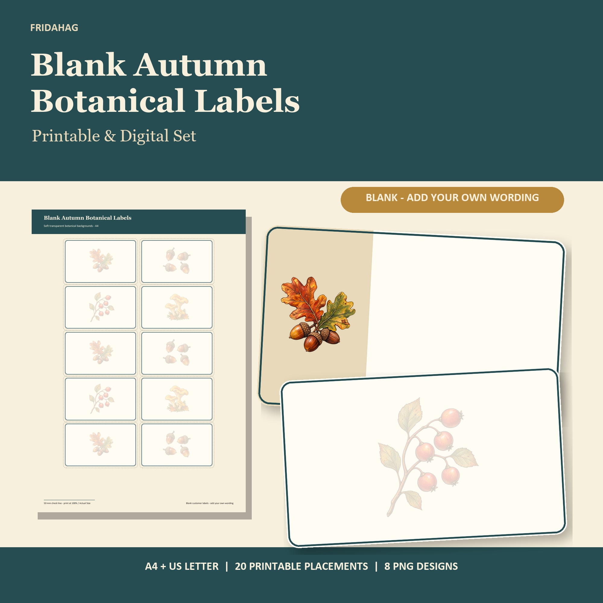 Blank Autumn Botanical Labels, prentanlegt og stafrænt safn af auðum haustlegum jurtamiðum