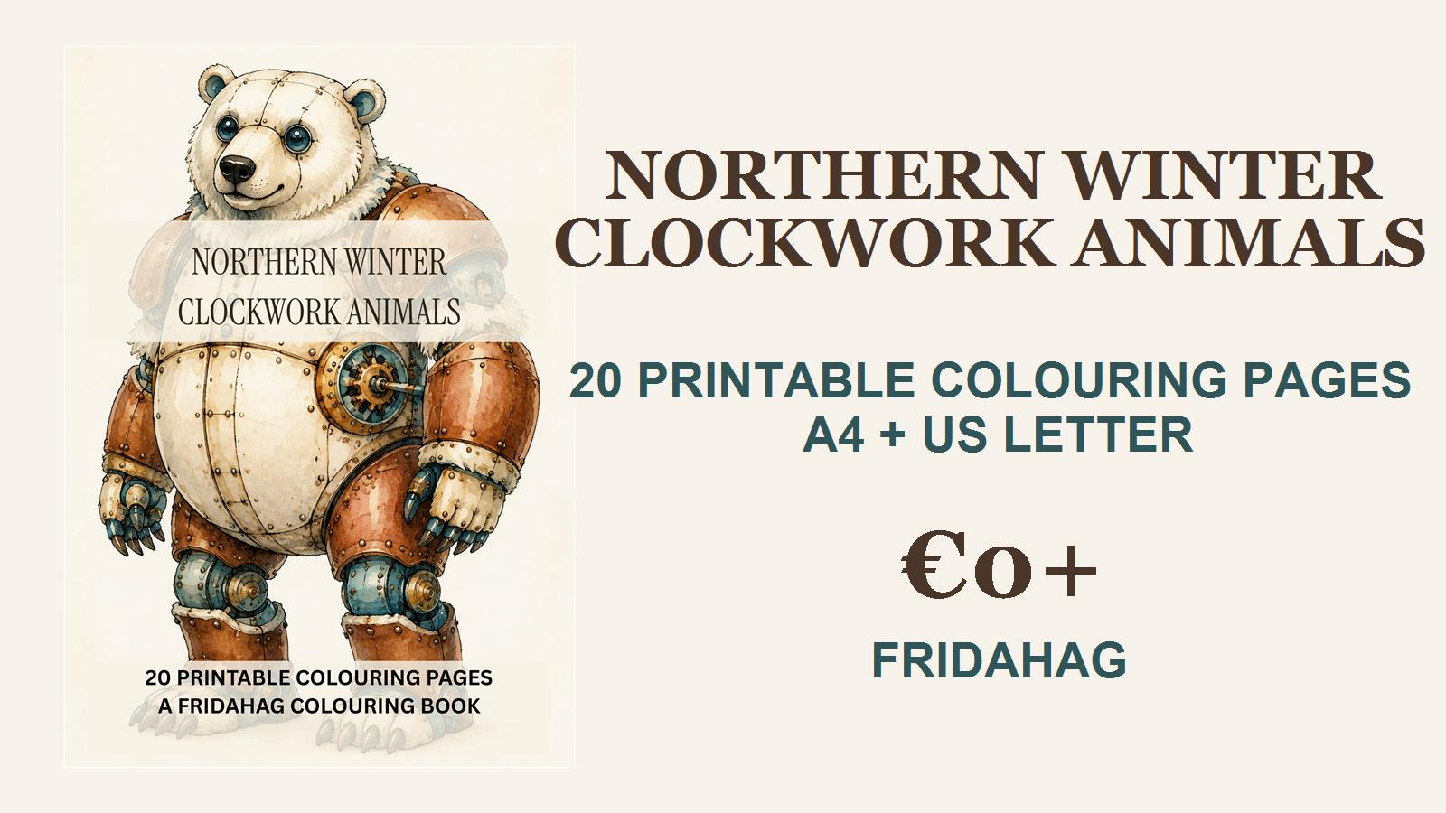 Kápa litabókarinnar Northern Winter Clockwork Animals með hlýlegum gangverksísbirni í snævi þöktu landslagi