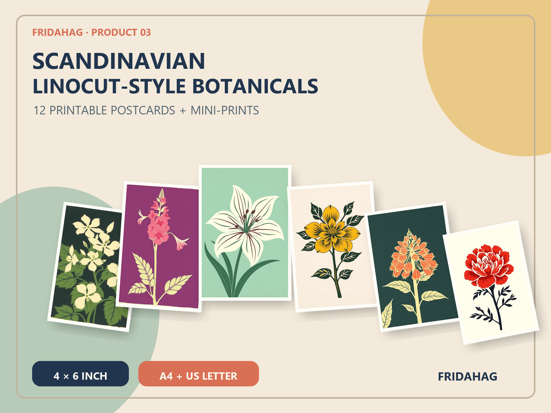 Tólf litríkar skandinavískar jurtamyndir í línóskurðarstíl fyrir póstkort og smámyndir