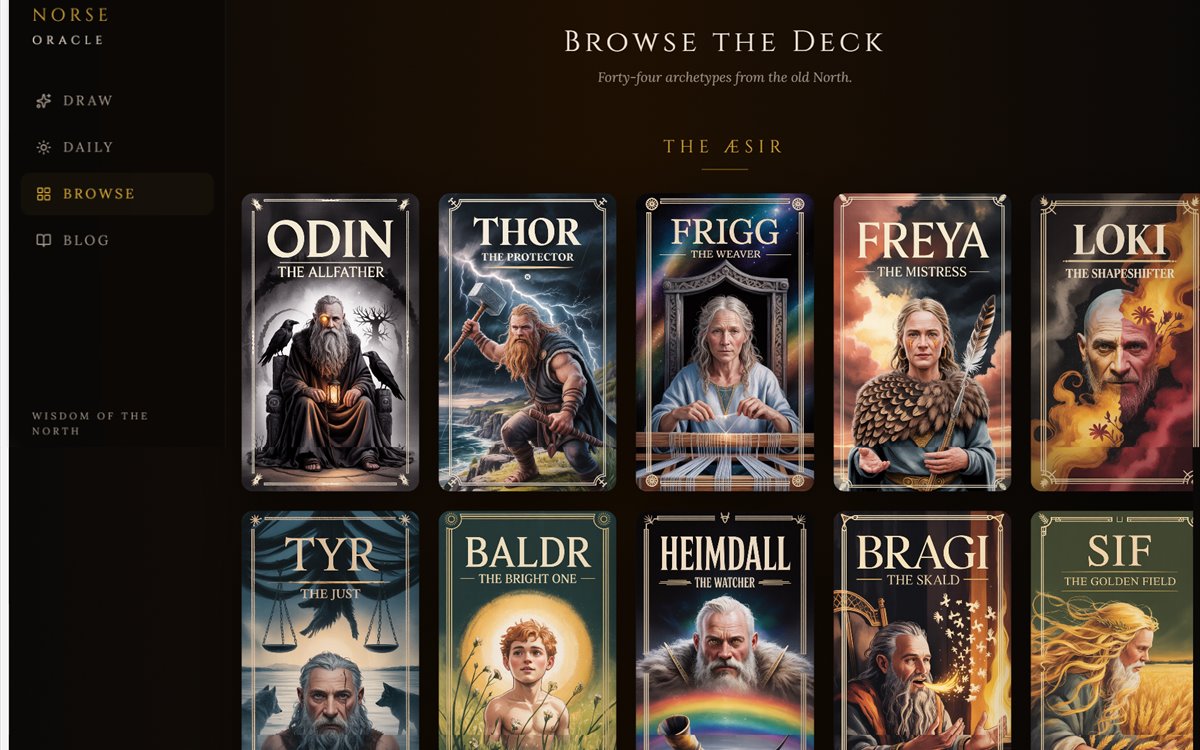 Norse Oracle — interaktiv kort-app med 44 illustrerte kort