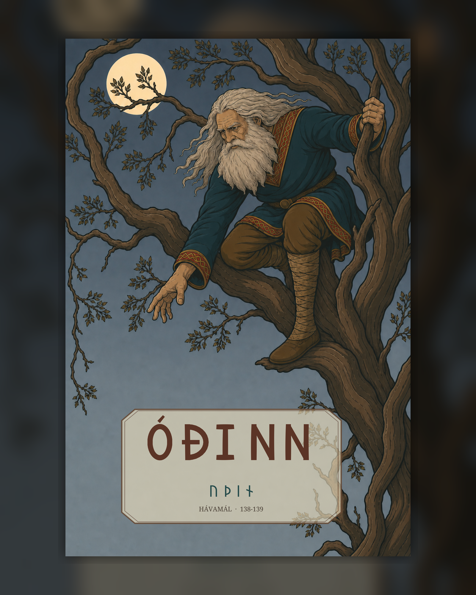 ÓÐINN-plakat sem sýnir aldraðan Óðin teygja sig niður úr tré undir tunglinu